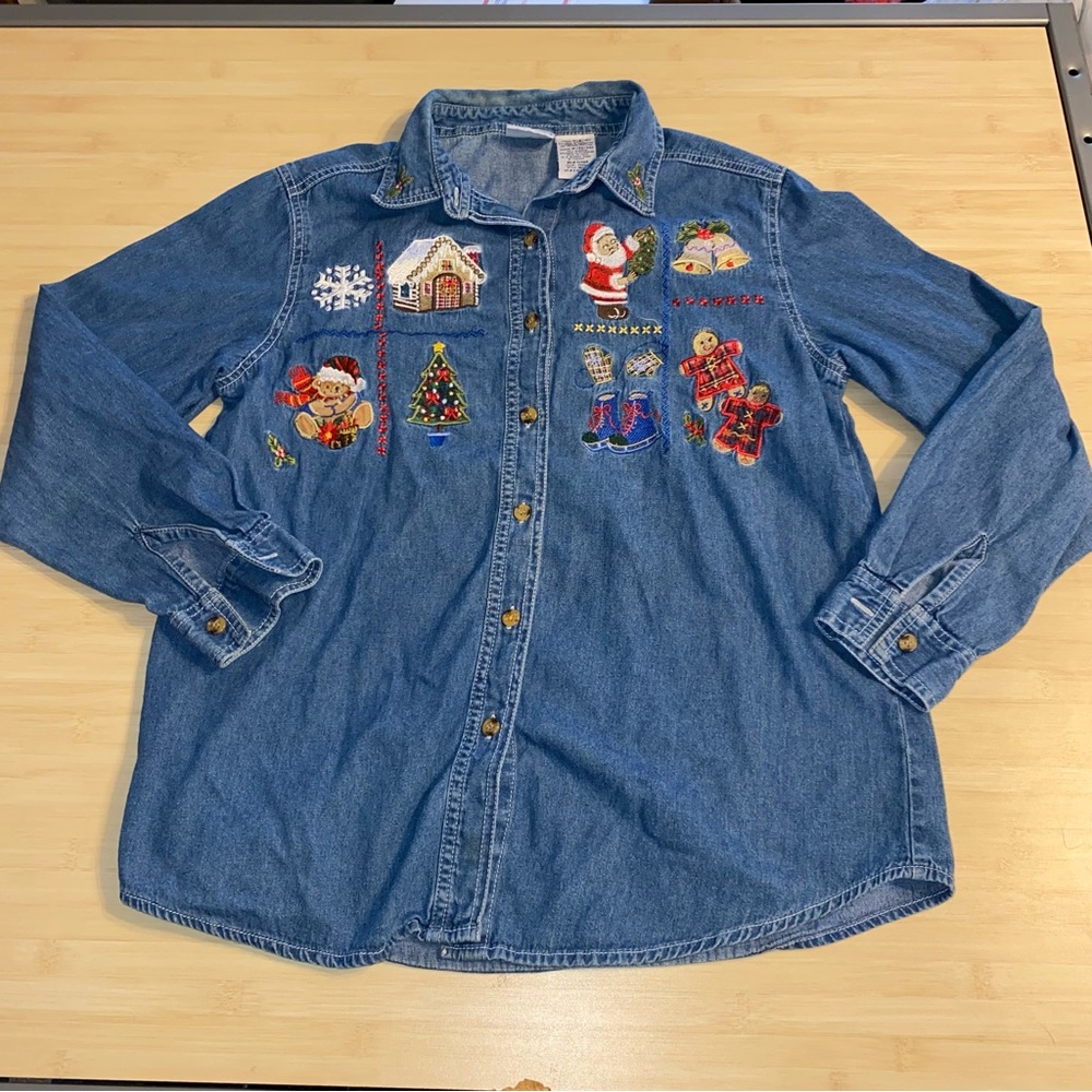 Bobbie Brooks Denim Christmas Shirt Embroidered Santa Gingerbread Man Medium
